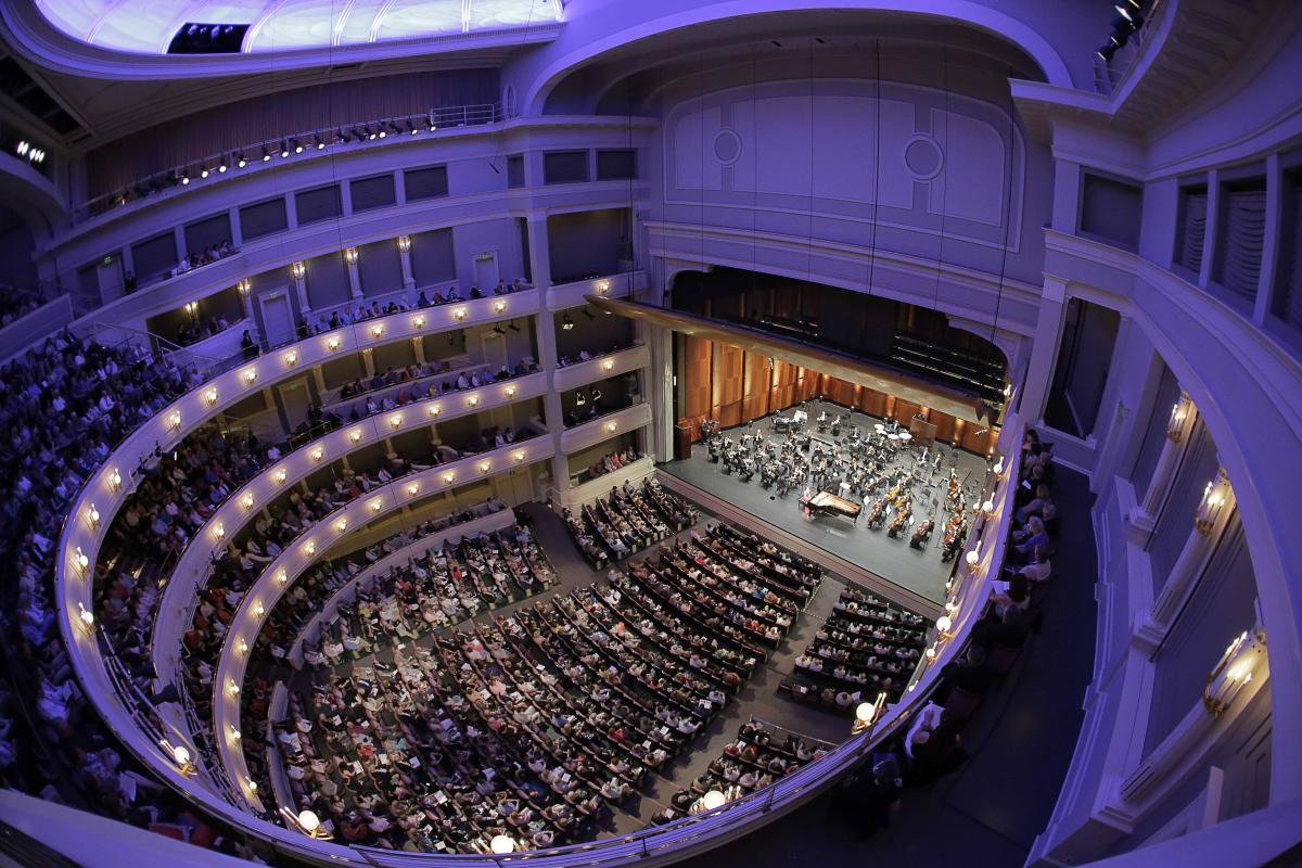 Aerial view of Rachel Cheung performing in Bass Hall