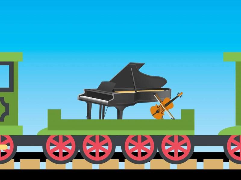 Illustration of a green train carrying a piano