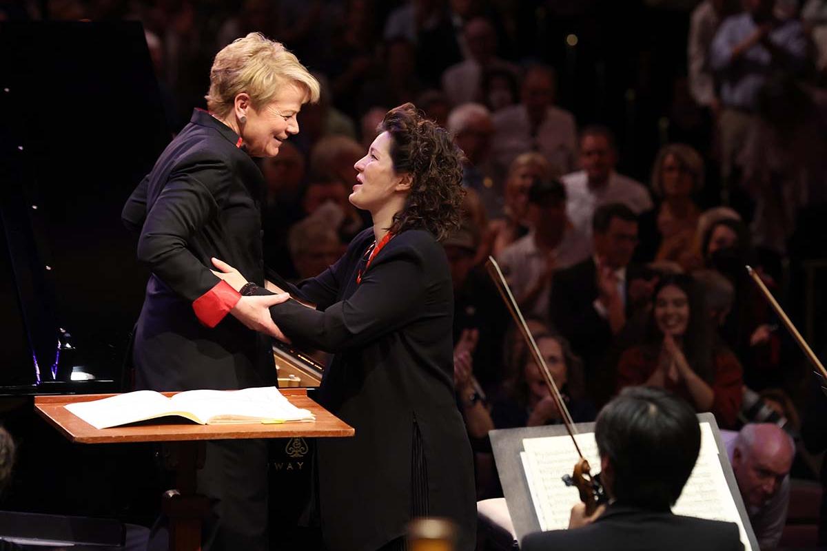 Anna Geniushene and Marin Alsop after performing in the 2022 Cliburn Competition.