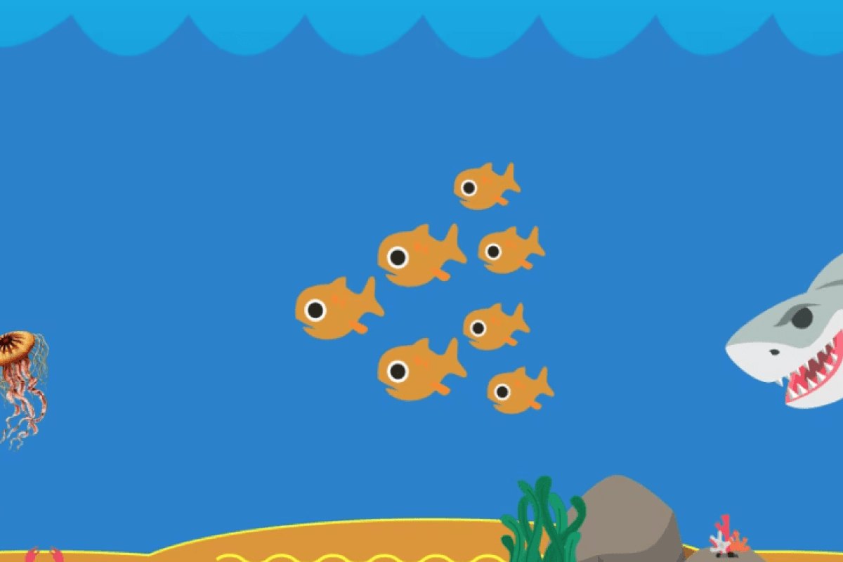Illustration of underwater with jelly fish, orange fishes, and a shark