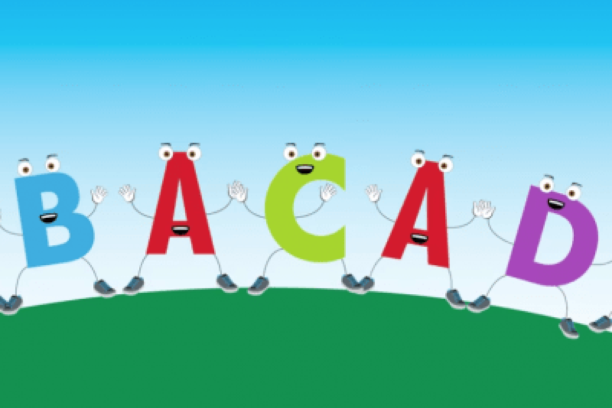 Illustration of the letters B, A, C and D with faces and holding hands
