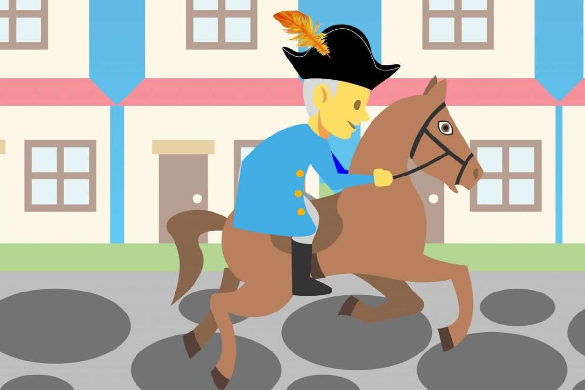 Illustration of a soldier riding a horse on a cobblestone road