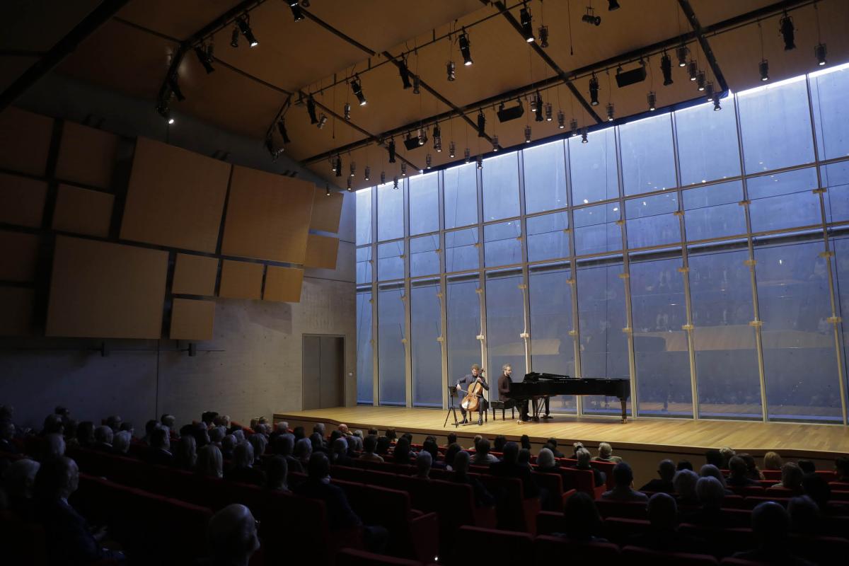 A cellist and pianist perform in the auditorium of the Renzo Piano Pavilion at the Kimbell Art Museum