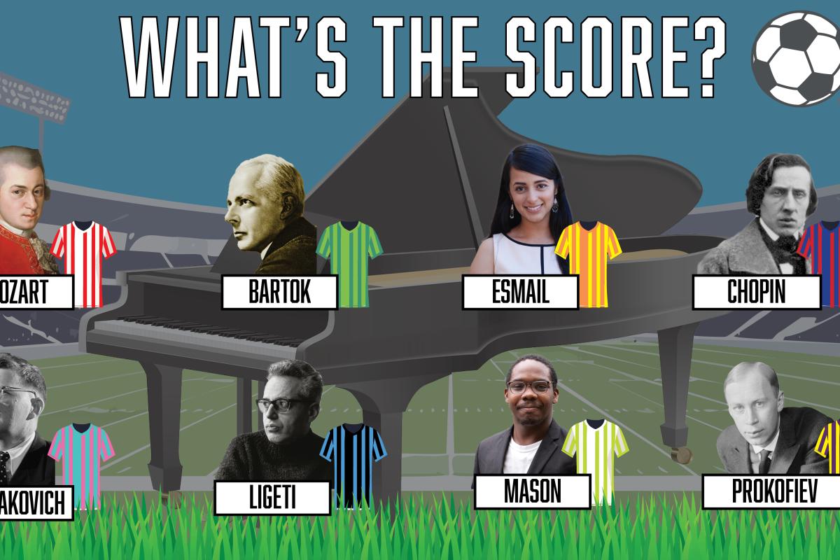 A soccer field with composers as teams