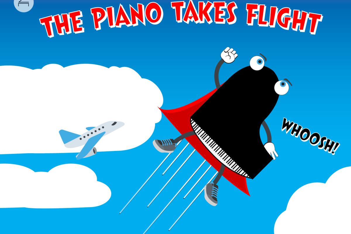 A cartoon piano flying through the air like superman