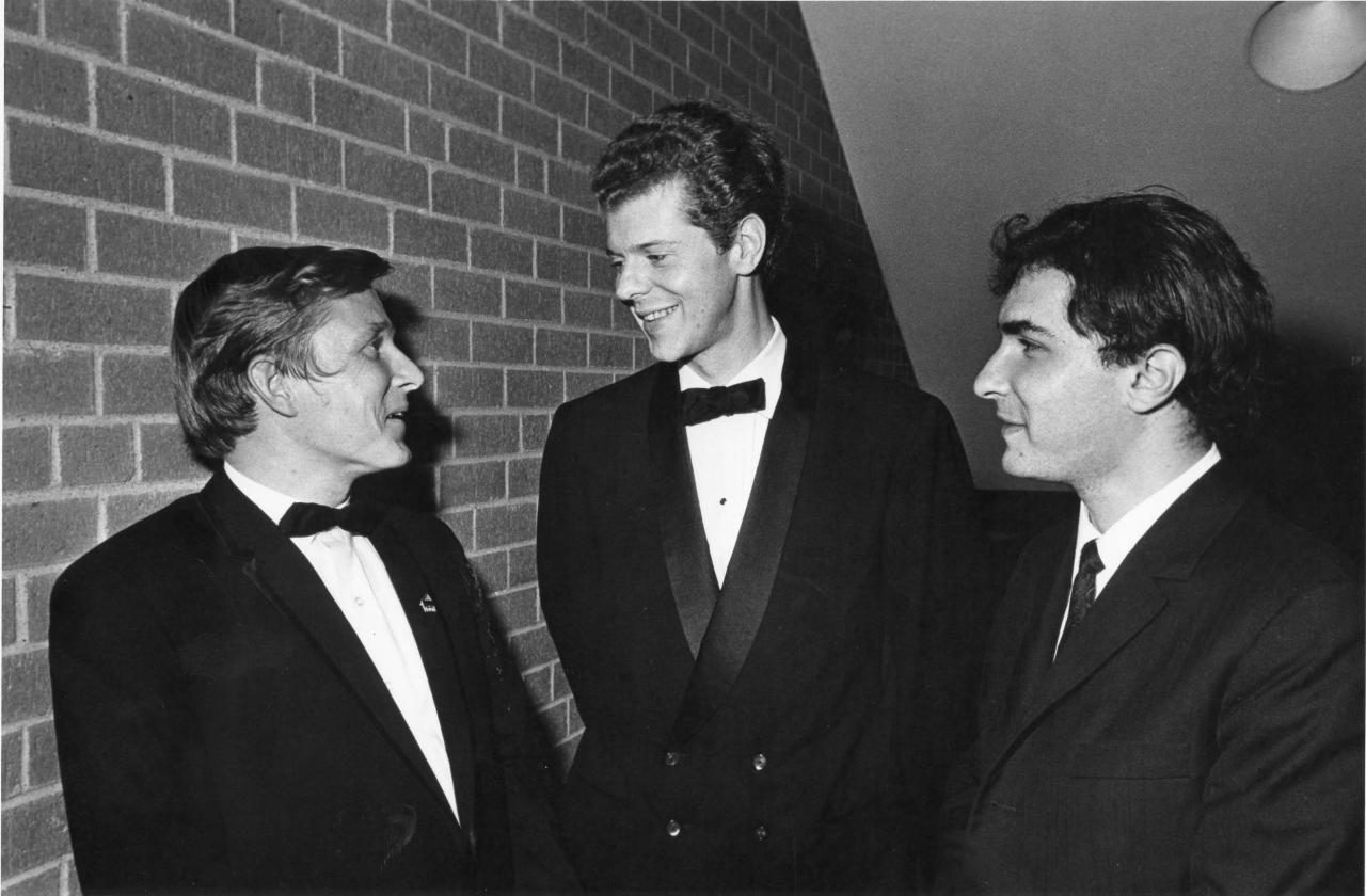 Van Cliburn with 1962 Gold Medalist Ralph Votapeck (left) and 1966 Gold Medalist Radu Lupu (right).