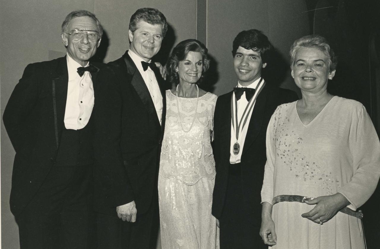 Van Cliburn poses with 1985 Gold Medalist Jose Feghali