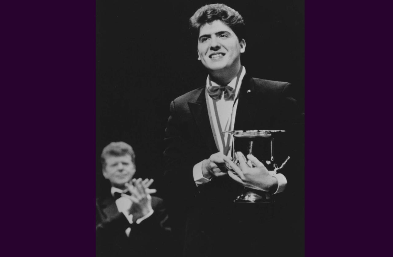 Van Cliburn onstage with 1993 Gold Medalist Simone Pedroni