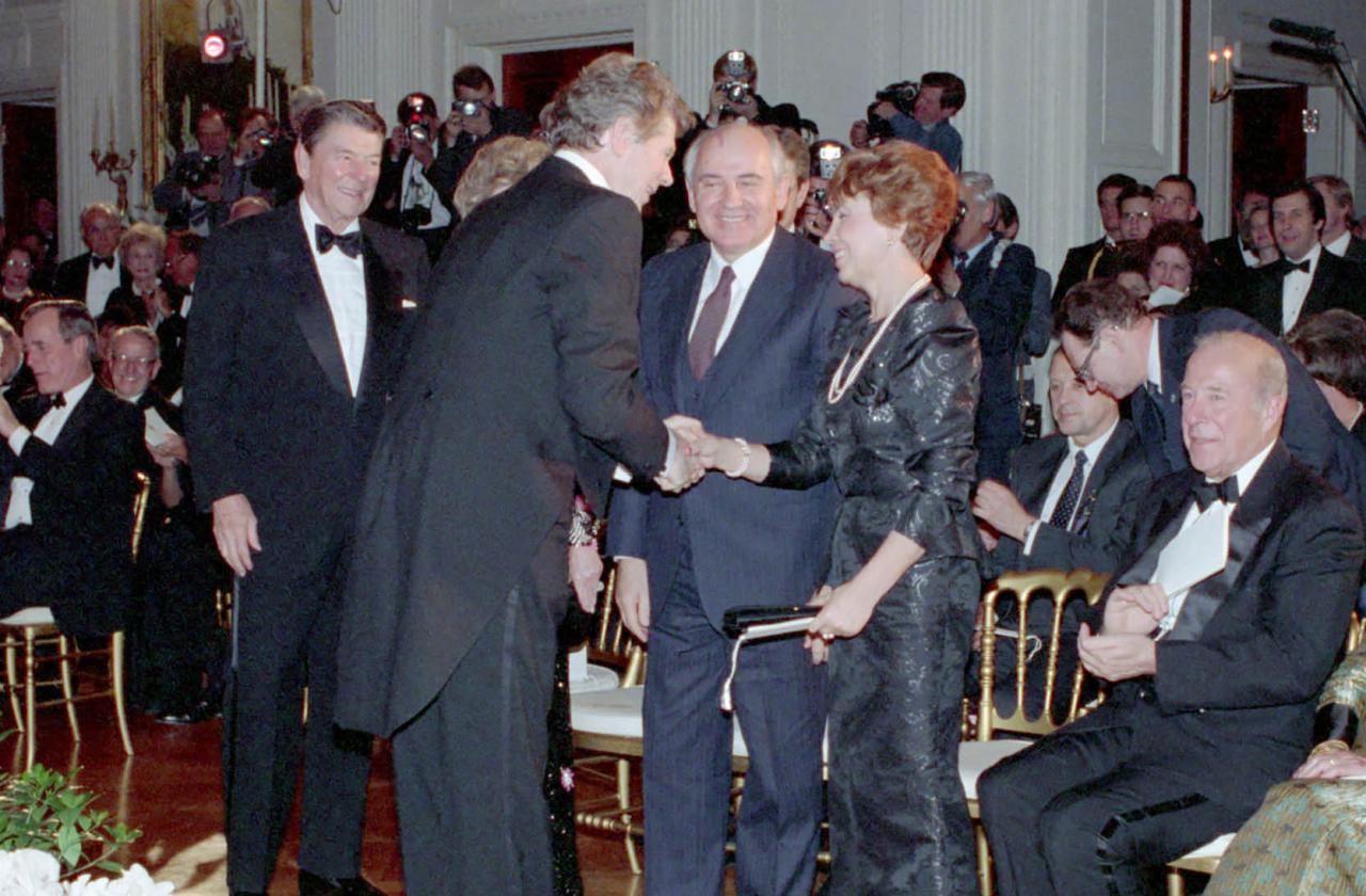 Van Cliburn shakes hands with Soviet President Mikhail Gorbachev