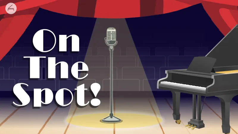 the words on the spot next to a cartoon microphone on a stage in the spotlight