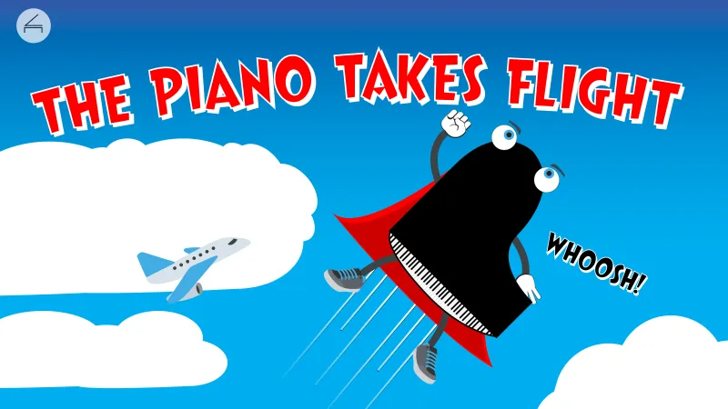 A cartoon piano figure in a cape flies through the air