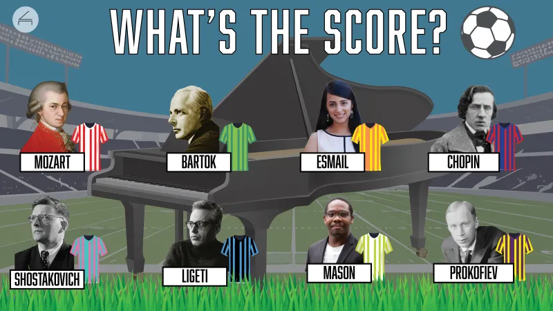 A soccer field with composers as teams